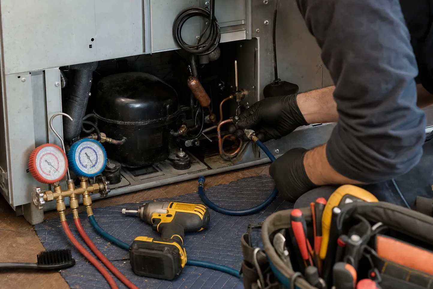 Manifold gauges on a mat and a charging hose connected at the compressor of a built-in, tool belt in the foreground