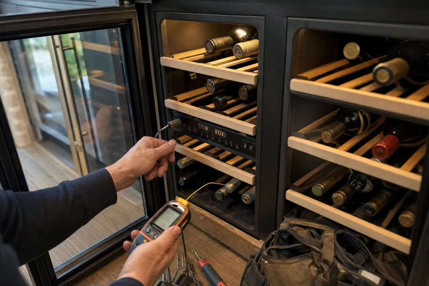 Hand feeding a thermometer probe into an open dual-zone wine cabinet, digital thermometer in the other hand