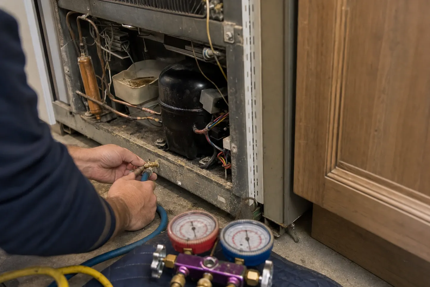 Charging hose being fitted at the dusty machine compartment of an older unit, manifold gauges on a blanket